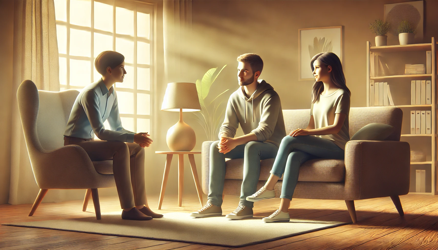 Artículo sobre terapia familiar sistémica. Representa un ambiente cálido y acogedor, con una familia en sesión con el terapeuta, reflejando conexión y comunicación.